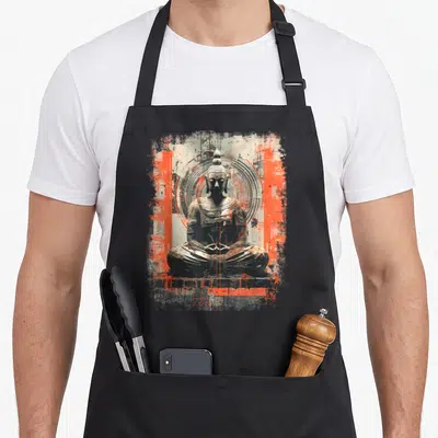 Tablier de cuisine noir avec illustration d'un Bouddha assis en position de méditation, entouré de motifs géométriques et de graffitis orange vif.