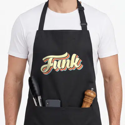 Tablier de cuisine noir avec l'inscription Funk en lettres arrondies multicolores style années soixante-dix.