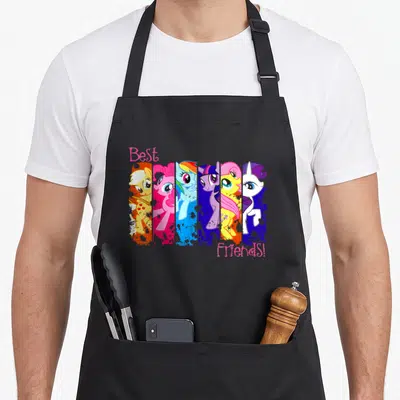 Tablier de cuisine noir avec illustration rétro Best Friends arc-en-ciel Fluttershy Rarity