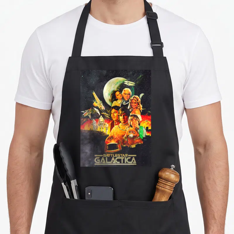 Tablier de cuisine noir avec illustration colorée style poster retro space heroes and ships