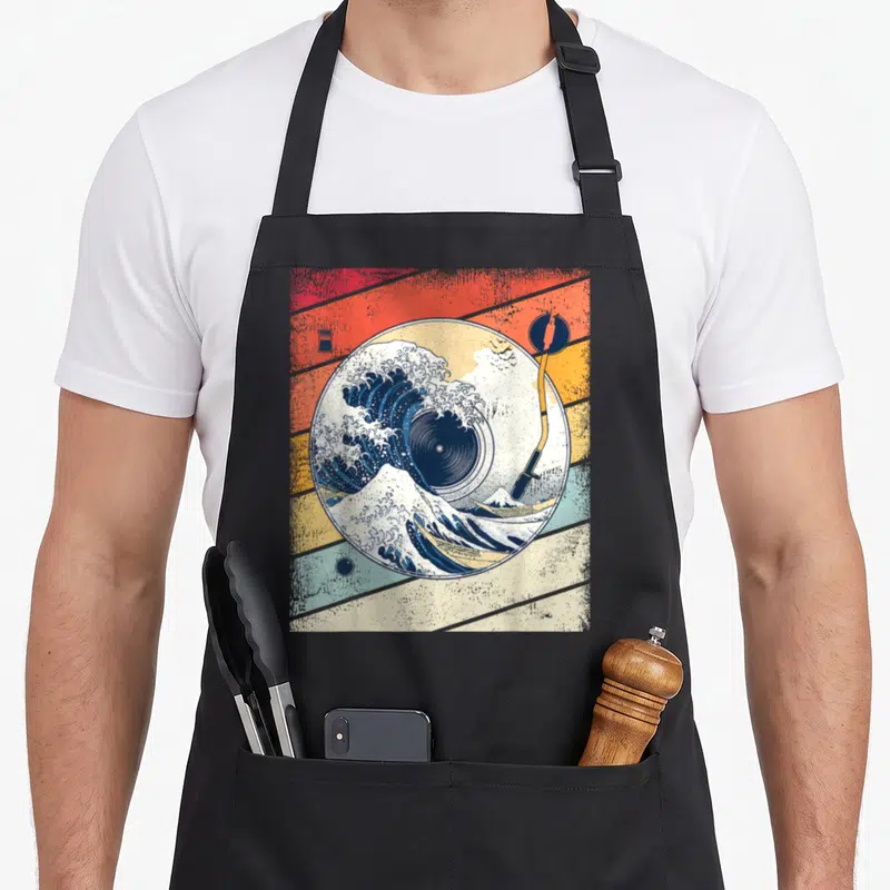 Tablier de cuisine noir avec illustration d'un disque vinyle transformé en Grande Houle de Kanagawa sur fond rayé coloré.