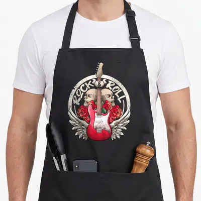 Tablier de cuisine noir avec illustration guitare rouge roses rouges ailes blanches et crânes style vintage rock