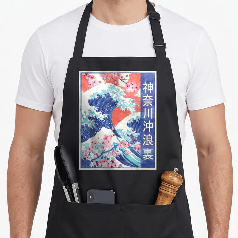 Tablier de cuisine noir avec une grande vague bleue, des fleurs de sakura roses et une bande verticale de caractères japonais blancs sur fond orangé.