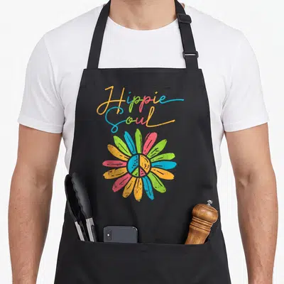Tablier de cuisine noir avec inscription Hippie Soul et une fleur multicolore centrée sur un symbole de paix.