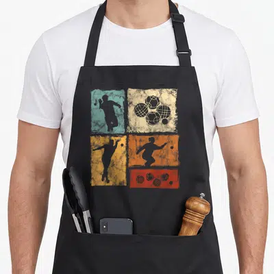 Tablier de cuisine noir avec quadrillage de silhouettes de joueurs et boules de pétanque sur fonds colorés délavés style rétro.