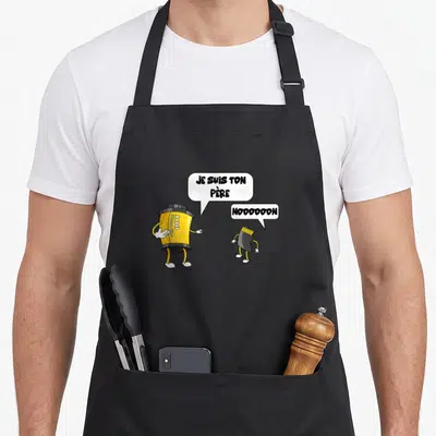 Tablier de cuisine noir avec une pellicule jaune disant je suis ton père à un USB noir qui crie nooooon