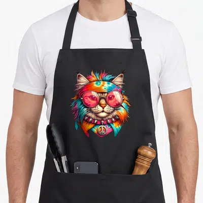 Tablier de cuisine noir avec illustration d'un chat aux cheveux multicolores portant des lunettes roses et un collier de la paix.