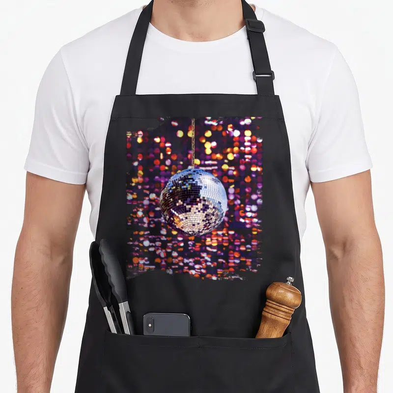 Tablier de cuisine noir avec une boule disco argentée suspendue sur fond de lumières floues multicolores.