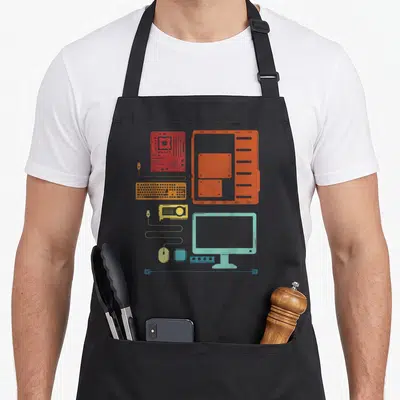 Tablier de cuisine noir avec des illustrations colorées de composants informatiques rétro comme un écran, un clavier et une carte graphique.