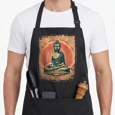 Tablier de cuisine noir avec illustration d'un Bouddha assis en méditation, style vintage et textures délavées.