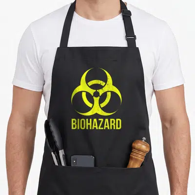 Tablier de cuisine noir avec symbole biohazard jaune et texte BIOHAZARD en style vintage