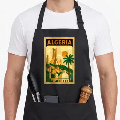 Tablier de cuisine noir avec illustration rétro d'Alger et du Monument des Martyrs encadrée de motifs géométriques dorés.