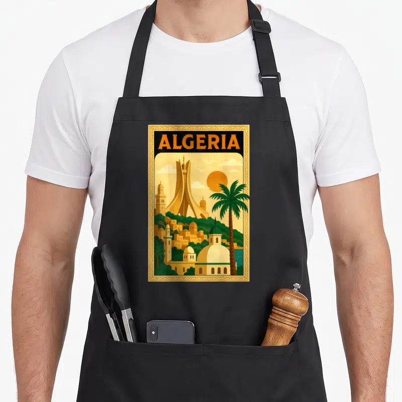 Tablier de cuisine noir avec illustration rétro d'Alger et du Monument des Martyrs encadrée de motifs géométriques dorés.