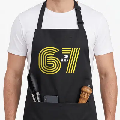 Tablier de cuisine noir avec un grand 67 jaune stylisé en lignes concentriques et le texte Six Seven en blanc au centre.
