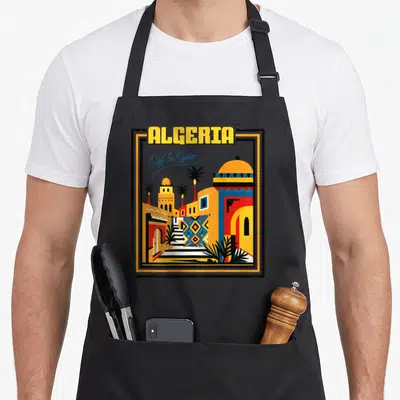 Tablier de cuisine noir avec une illustration colorée représentant des bâtiments algériens et le mot Algérie en jaune.