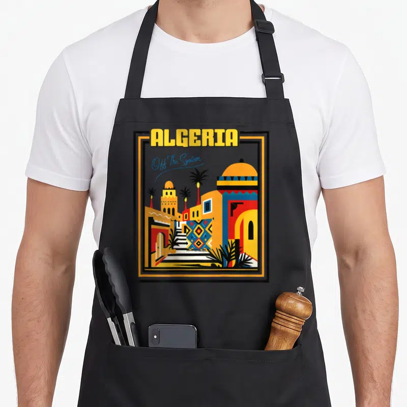 Tablier de cuisine noir avec une illustration colorée représentant des bâtiments algériens et le mot Algérie en jaune.