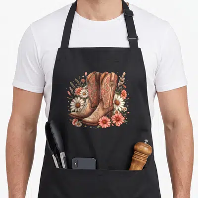 Tablier de cuisine noir avec illustration de bottes de cowgirl rétro entourées de fleurs roses et blanches dans un style western country concert.