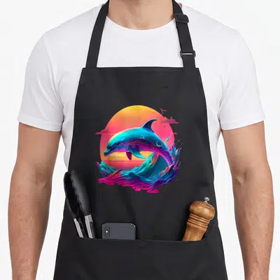 Tablier de cuisine noir avec illustration d'un dauphin multicolore sautant devant un soleil néon et des vagues stylisées.