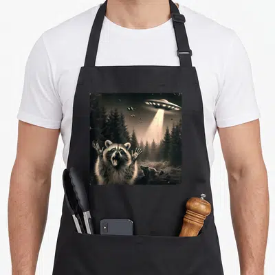 Tablier de cuisine noir avec illustration vintage d'un raton laveur terrifié par un vaisseau spatial dans la forêt.