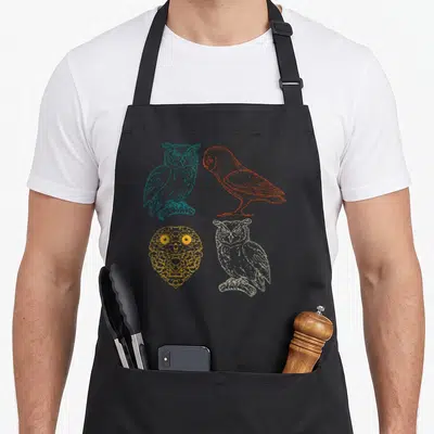 Tablier de cuisine noir avec quatre hibaux dessinés aux couleurs vives et styles graphiques variés.