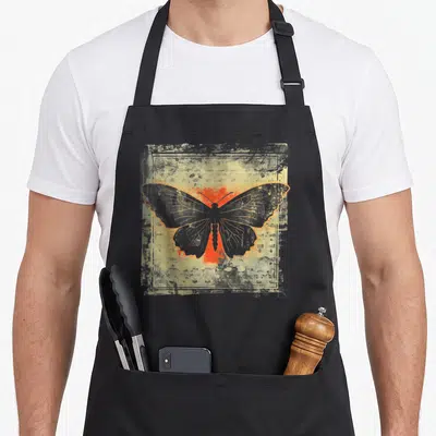 Tablier de cuisine noir avec illustration d'un papillon gothique aux ailes grises et touches orange vif sur fond texturé retro grunge.