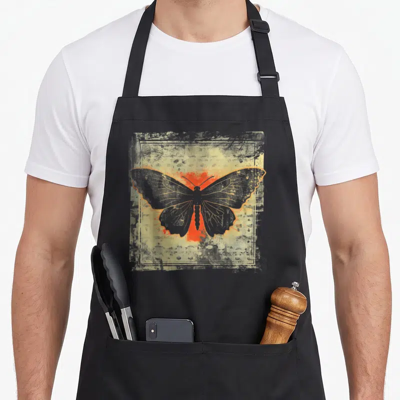 Tablier de cuisine noir avec illustration d'un papillon gothique aux ailes grises et touches orange vif sur fond texturé retro grunge.