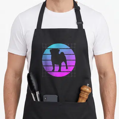 Tablier de cuisine noir avec silhouette de carlin sur fond circulaire dégradé cyan et magenta à motifs de grille rétro.