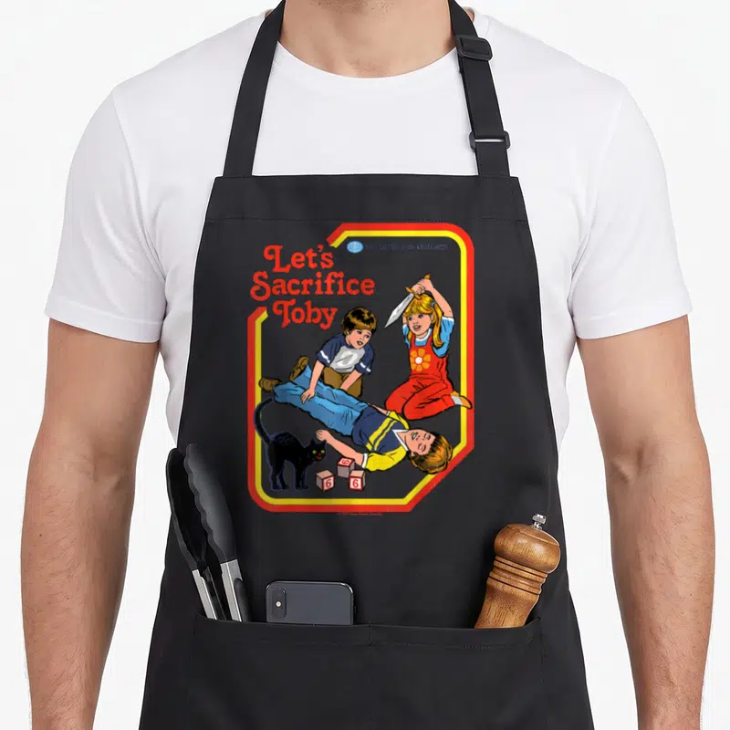 Tablier de cuisine noir avec illustration rétro Let's Sacrifice Toby enfants et chat noir