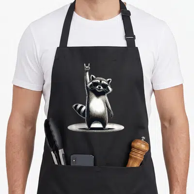 Tablier de cuisine noir avec illustration d'un raton laveur rock en noir et blanc levant la main.