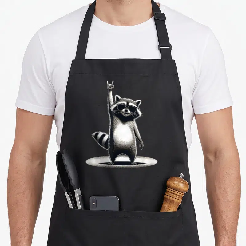 Tablier de cuisine noir avec illustration d'un raton laveur rock en noir et blanc levant la main.