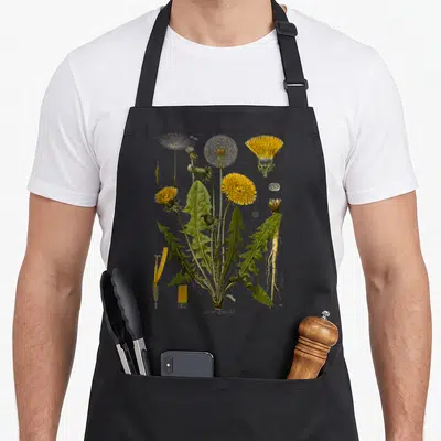 Tablier de cuisine noir orné d'une illustration botanique détaillée de pissenlit jaune et vert avec ses racines et graines.
