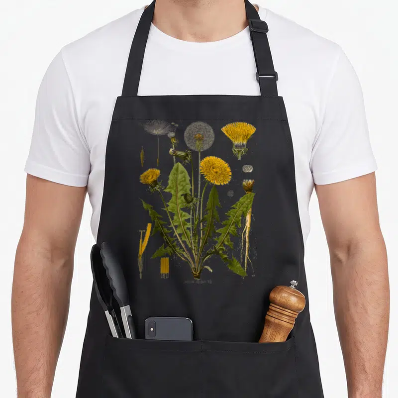 Tablier de cuisine noir orné d'une illustration botanique détaillée de pissenlit jaune et vert avec ses racines et graines.