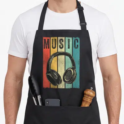 Tablier de cuisine noir avec illustration de casque audio rétro sur bandes colorées verticales.