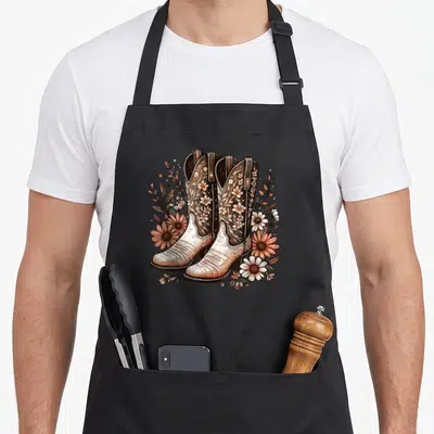 Tablier de cuisine noir avec illustration de bottes de cowgirl rétro ornées de fleurs blanches et roses aux tons terreux.