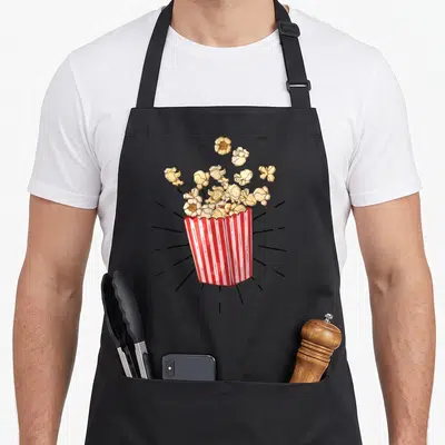 Tablier de cuisine noir avec illustration colorée d'une boîte de pop-corn rouge et blanche aux rayures verticales, entourée de grains dorés en suspension.