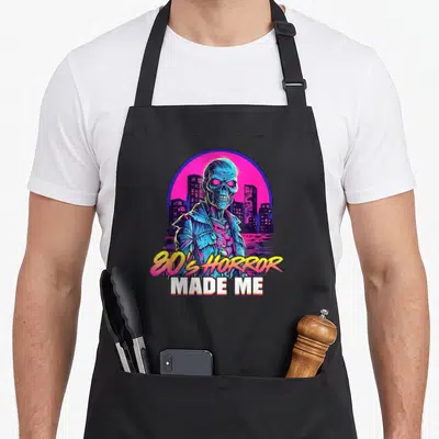Tablier de cuisine noir avec illustration zombie bleu et ville rose au style années 80