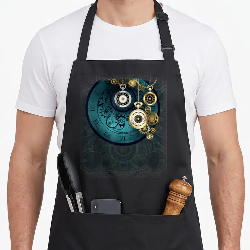 Tablier de cuisine noir avec illustration de montre de poche steampunk, engrenages dorés et cadran turquoise.