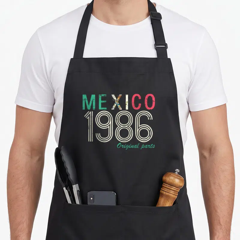Tablier de cuisine noir avec inscription Mexico 1986 Original parts en style rétro et aigle intégré au X.
