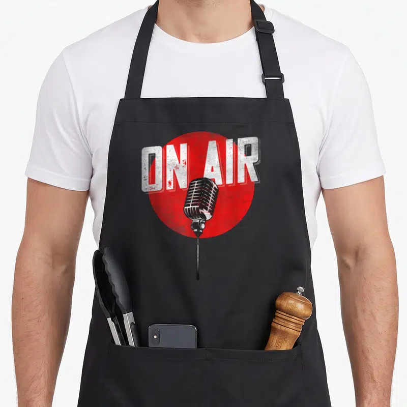 Tablier de cuisine noir avec on air et micro rétro vintage rouge blanc