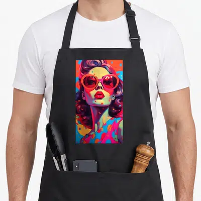 Tablier de cuisine noir avec illustration d'une femme aux lunettes roses style pop-art rétro 60-70s