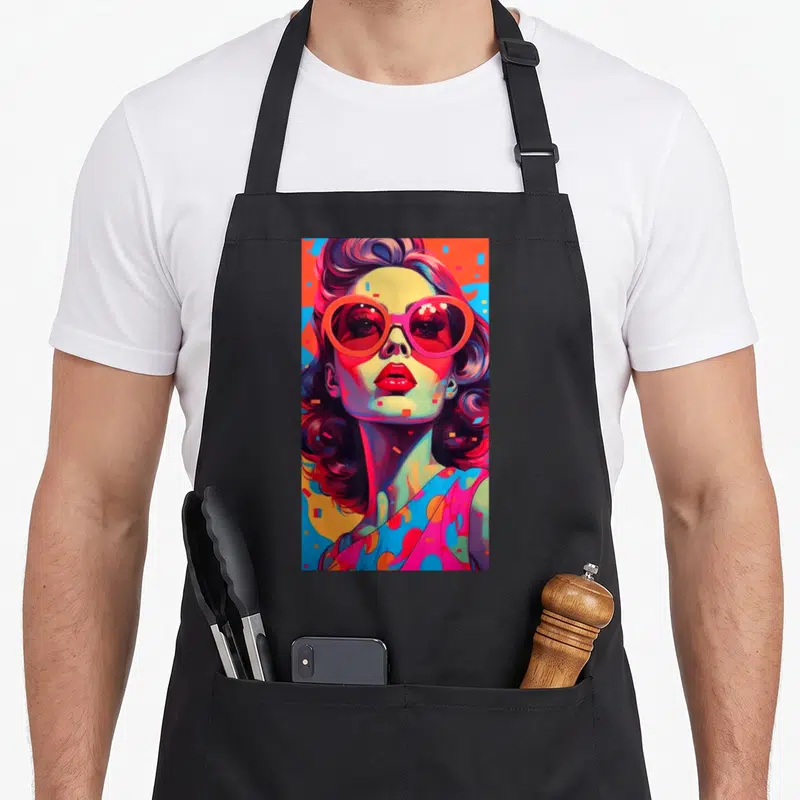 Tablier de cuisine noir avec illustration d'une femme aux lunettes roses style pop-art rétro 60-70s