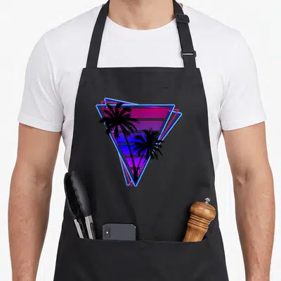 Tablier de cuisine noir avec silhouette de palmier vaporwave insérée dans des triangles géométriques roses et bleus néon.