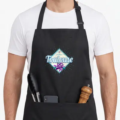 Tablier de cuisine noir avec logo Toulouse France et violettes violettes sur fond blanc cassé.
