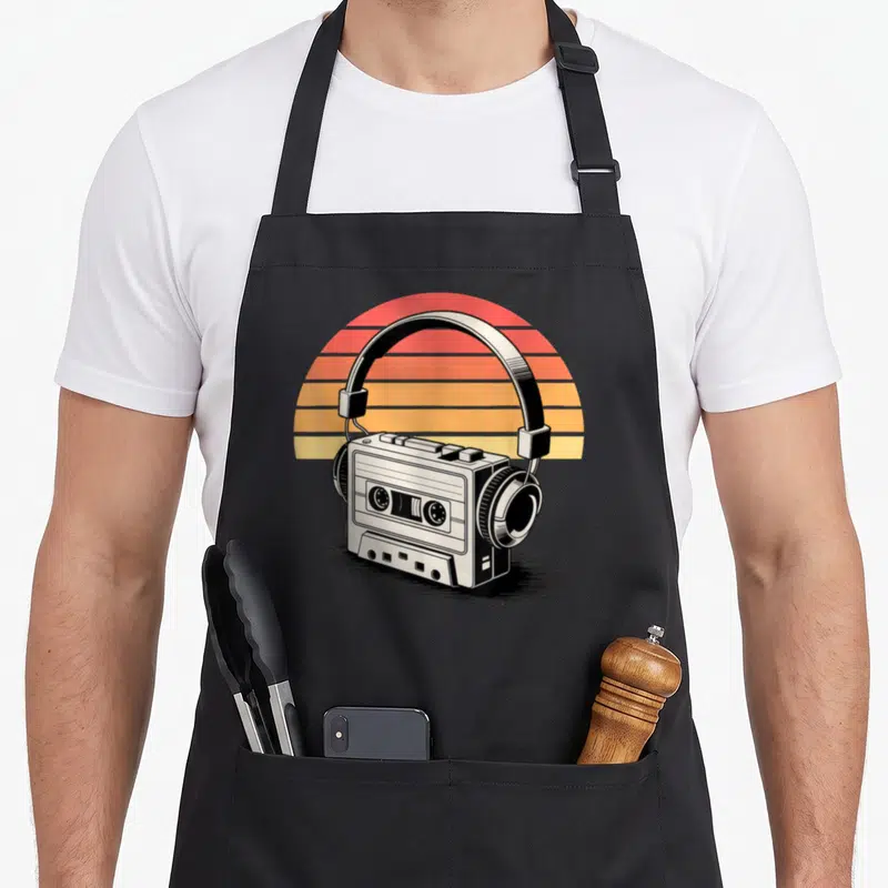 Tablier de cuisine noir avec illustration d'une cassette audio blanche portant un casque sur fond de soleil orange strié, style graphique rétro.