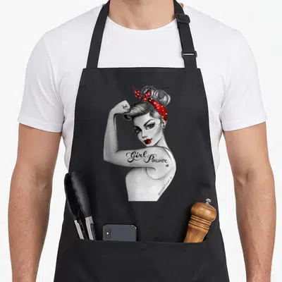 Tablier de cuisine noir avec illustration pin-up femme forte bandana rouge tatouageGirl Power bras musclé