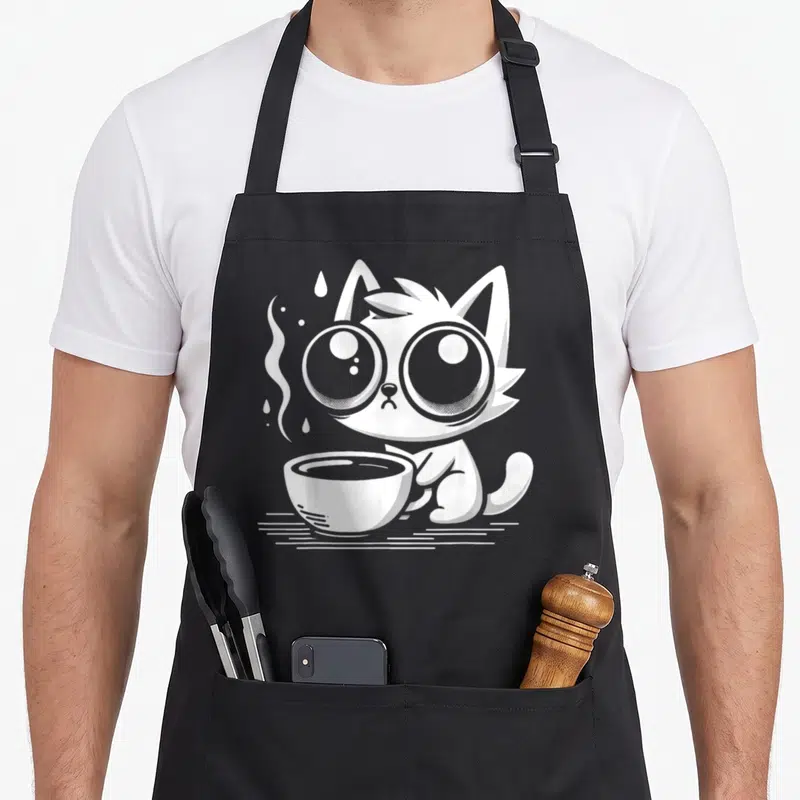 Tablier de cuisine noir avec illustration blanche d'un chat aux grands yeux tenant une tasse de café fumant dans un style rétro mignon.