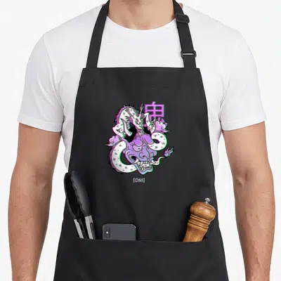 Tablier de cuisine noir avec un dragon Oni aux teintes violettes et roses dans un style Vaporwave rétro.