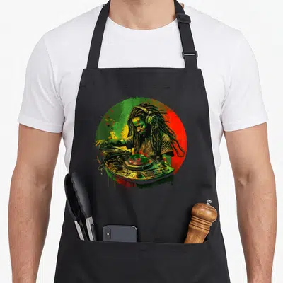Tablier de cuisine noir avec illustration colorée d'un DJ aux dreadlocks sur un tourne-disque vintage.