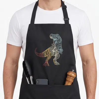 Tablier de cuisine noir avec un dinosaure aux motifs tribaux colorés dans des tons pastel rétro.
