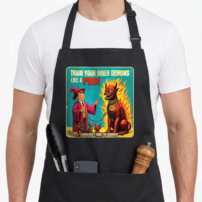 Tablier de cuisine noir avec illustration rétro d'un sorcier tenant un démon enflammé sur une laisse.